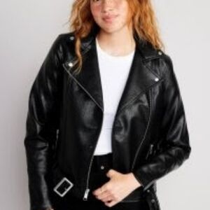 Faux-Leather Belted Biker Jacket Womens Size Small Black